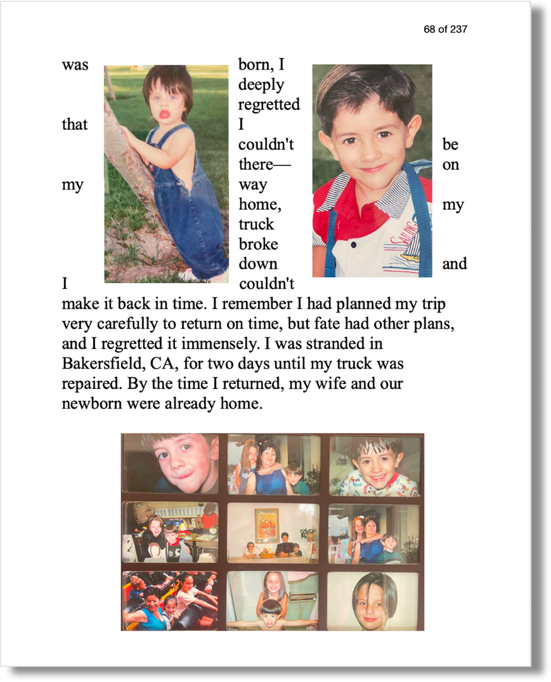 Scattered childhood photos in an initial memoir page